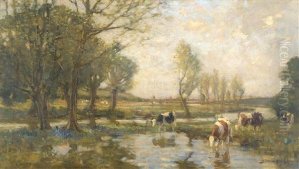 Cattle Watering In A Summer Landscape Oil Painting by Bertram Priestman