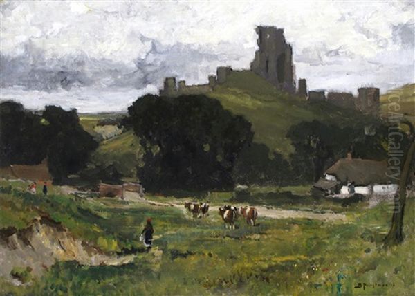 Corfe Castle, Dorset Oil Painting by Bertram Priestman