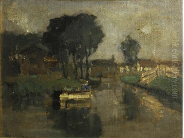 A River View With Houses by Bertram Priestman