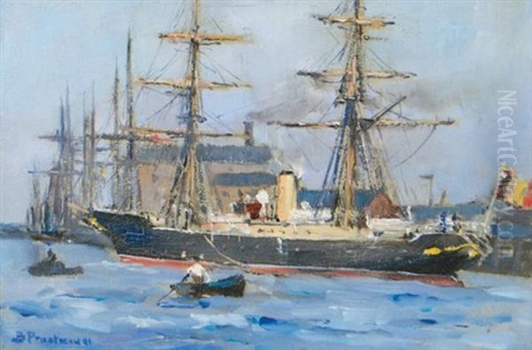 Boats In A Harbour Oil Painting by Bertram Priestman