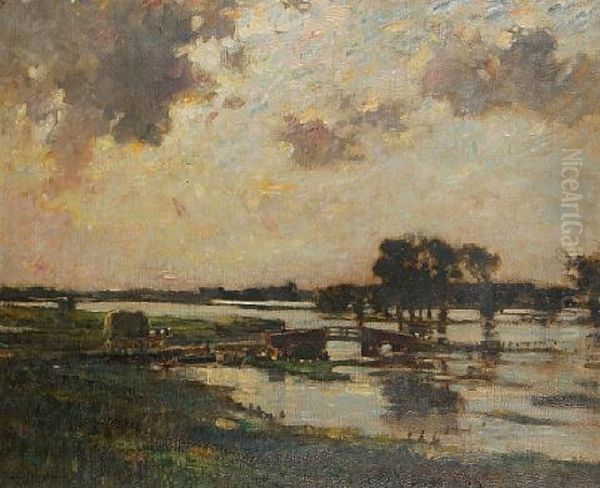 Landscape With Flooded Fields Oil Painting by Bertram Priestman