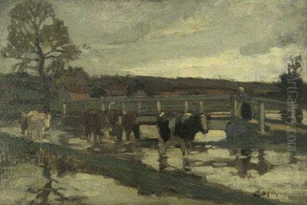 Cattle Crossing A Ford At Twilight Oil Painting by Bertram Priestman