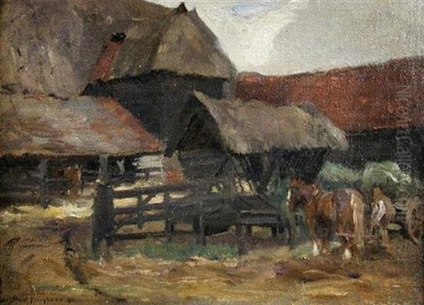 View Of A Farmyard With Heavy Horses Oil Painting by Bertram Priestman