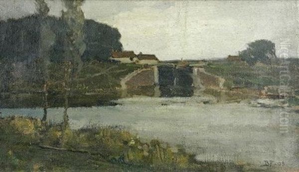 Lock Gates At Camsix At Dusk Oil Painting by Bertram Priestman