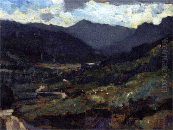 Sunshine And Shadow In The Langdale Valley, As Seen From The Red Bank Oil Painting by Bertram Priestman