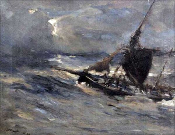 A Sailing Ship In Stormy Seas Oil Painting by Bertram Priestman