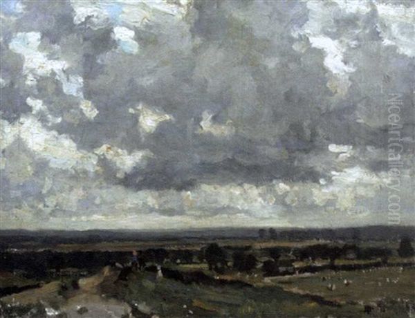 Suffolk Landscape With Figures And Cows Grazing In The Distance by Bertram Priestman