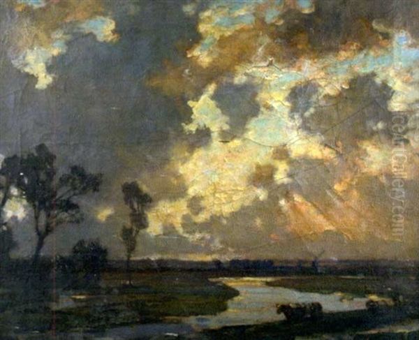 Cattle At A River Estuary At Dusk, With A Windmill In The Distance Oil Painting by Bertram Priestman