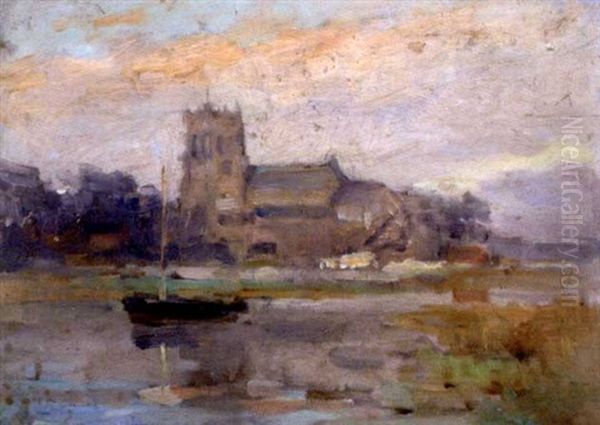 A Suffolk Chruch By A River Oil Painting by Bertram Priestman