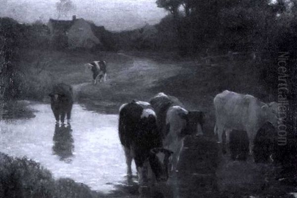 Cattle At The Water's Edge Oil Painting by Bertram Priestman