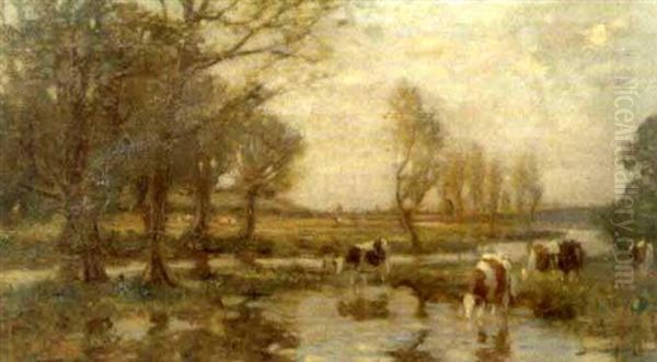 Cattle Watering In An Extensive Landscape Oil Painting by Bertram Priestman