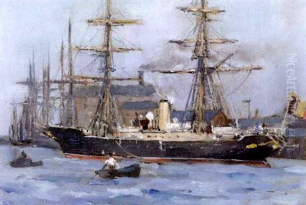 A Belgian Auxiliary Steamer In Ostend Docks Oil Painting by Bertram Priestman