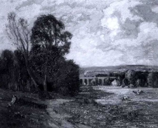 Near Baildon, A Train Crossing A Viaduct Oil Painting by Bertram Priestman