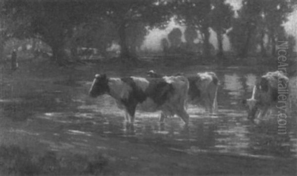 Cattle At The Water's Edge Oil Painting by Bertram Priestman