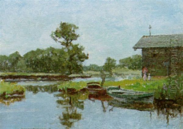 A Favorite Haunt - The Old Boat House On The Rothay Oil Painting by Bertram Priestman