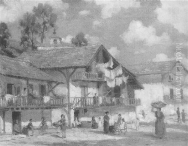 Continental Village Scene Oil Painting by Bertram Priestman