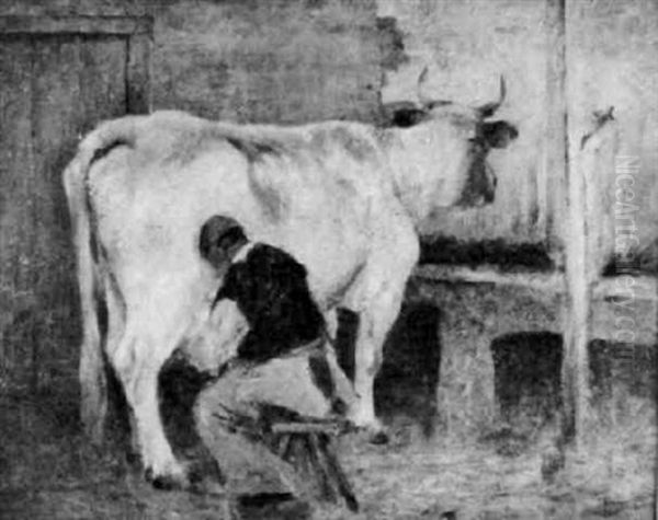 Barn Interior With A Man Milking A Cow Oil Painting by Bertram Priestman