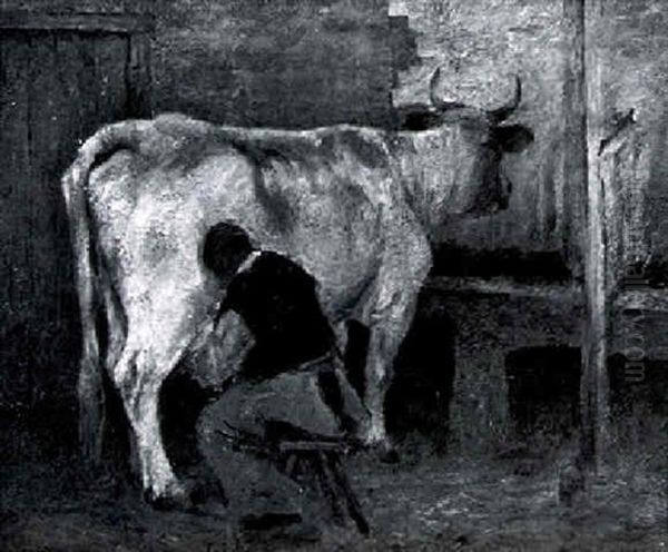 Peasant Milking A Cow In A Stable by Bertram Priestman