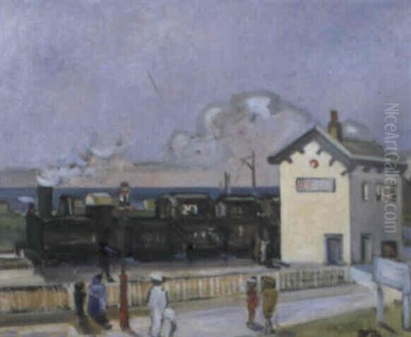 The Railway Station, Bernieres-sur-mer Oil Painting by Bertram Priestman