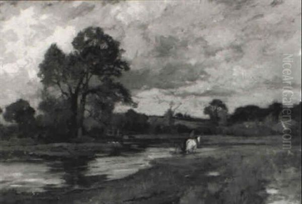 A River Landscape With A White Horse Oil Painting by Bertram Priestman