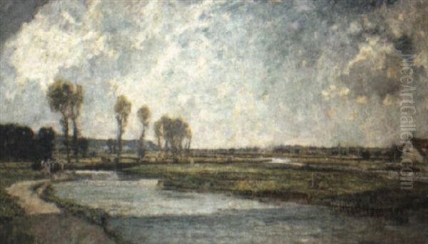 River Landscape, Horses On A Towpath Beyond Oil Painting by Bertram Priestman