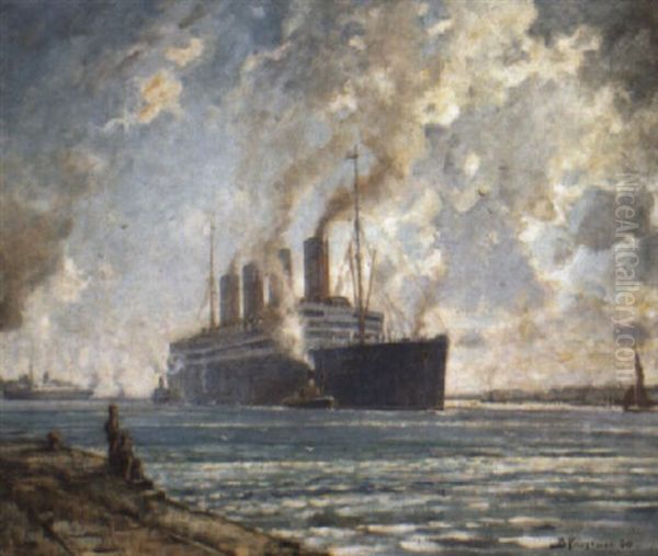 The Aquitania Coming Up Southampton Water Oil Painting by Bertram Priestman