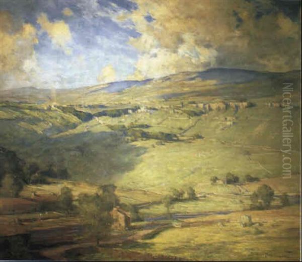 Extensive Rolling Landscape With Farmstead, Church And Haymakers Oil Painting by Bertram Priestman