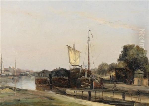 Peniches - Canal De L'ourcq Oil Painting by Romain Etienne Gabriel Prieur