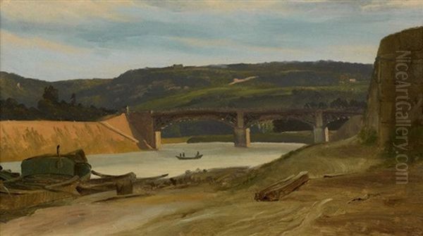 Paysage Au Pont Sur Le Rhone Oil Painting by Romain Etienne Gabriel Prieur