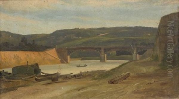 Paysage Au Pont Oil Painting by Romain Etienne Gabriel Prieur