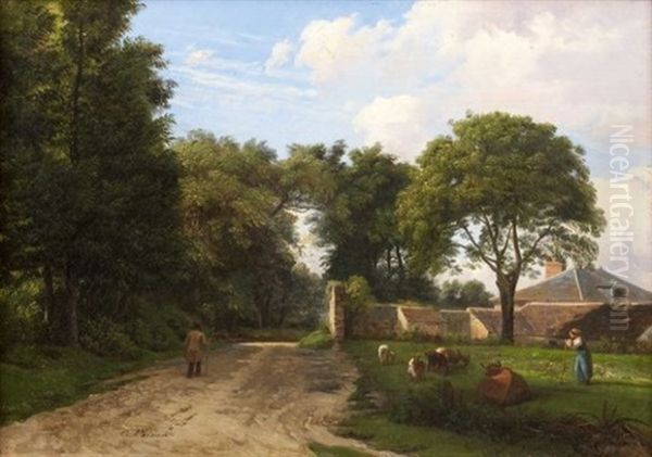 Promeneur, Paysanne Et Troupeau Devant Une Ferme Oil Painting by Romain Etienne Gabriel Prieur