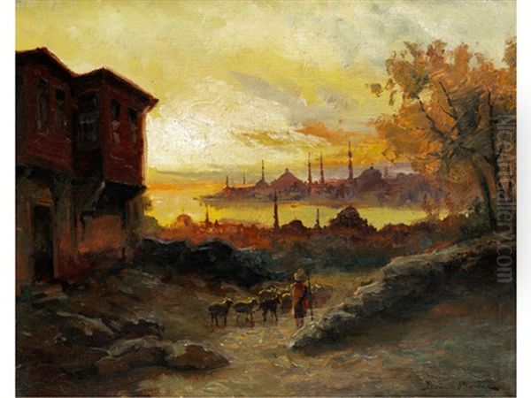 Blick Auf Konstantinopel Bei Sonnenuntergang Oil Painting by Francois Leon Prieur-Bardin