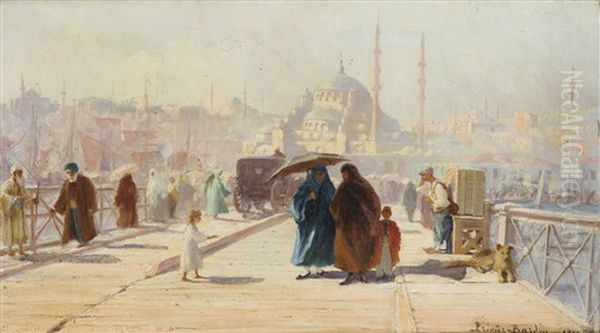 Le Pont De Galata, Constantinople Oil Painting by Francois Leon Prieur-Bardin