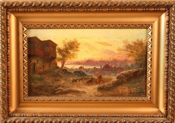 Berger Et Son Troupeau Devant Istanbul Oil Painting by Francois Leon Prieur-Bardin