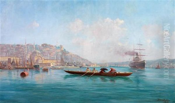 Tophane Ve Bogazici'nde Kayiklar Oil Painting by Francois Leon Prieur-Bardin