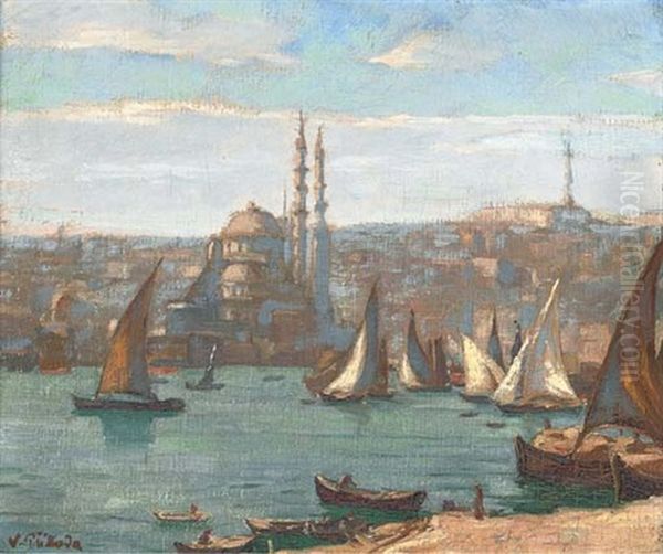 Trading Vessels On The Bosphorus, Before An Istanbul Mosque by Vaclav Prihoda