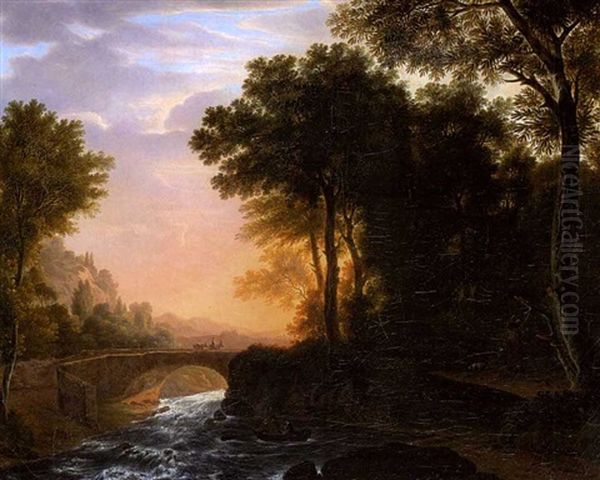 Waldlandschaft Mit Reissendem Bach, Uber Den Eine Brucke Fuhrt Oil Painting by Joh. Georg Primavesi