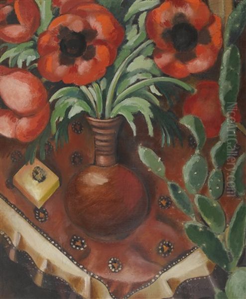 La Vase De Pavots Et Le Cactus Sur La Table Oil Painting by Andre Julien Prina