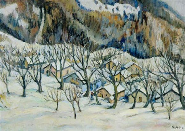 Mountainous Landscape With Chalets Under Snow Oil Painting by Andre Julien Prina