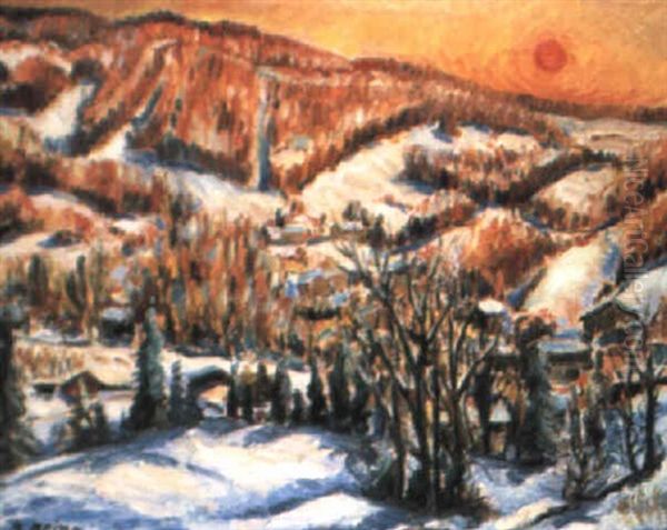 Paysage Enneige Au Soleil Couchant Oil Painting by Andre Julien Prina