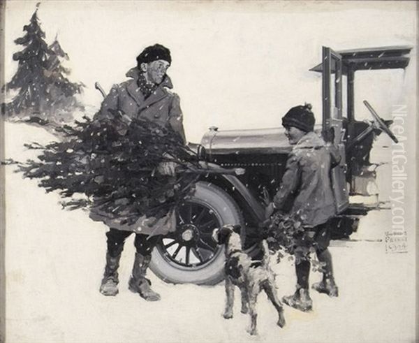 Father And Son Gathering Christmas Tree Into Waiting Car (dodge) by William Meade Prince