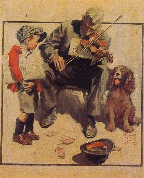 The Newsboy And The Blind Fiddler Oil Painting by William Meade Prince