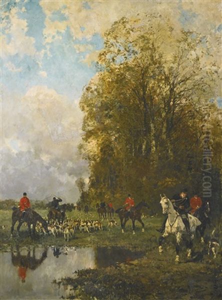 Veneurs Rameutant Leurs Chiens Oil Painting by Rene Pierre Charles Princeteau