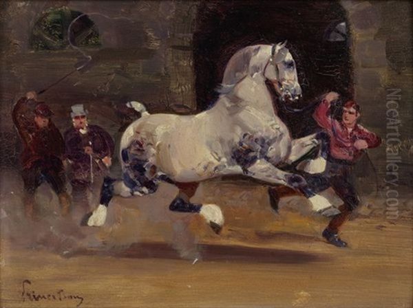 Jockey Conduisant Son Cheval Oil Painting by Rene Pierre Charles Princeteau