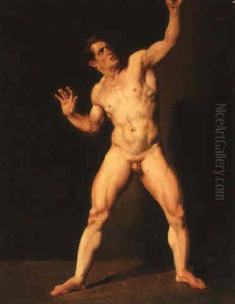 An Academy Study, Standing Full-length, With Arms Raised Oil Painting by Rene Pierre Charles Princeteau