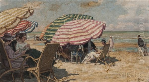 Figures At Leisure Under Striped Beach Umbrellas by Rene Francois Xavier Prinet