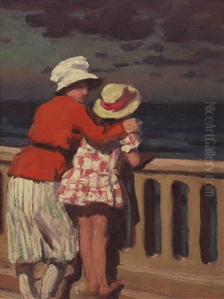 Woman And Child At The Seaside; Figures On A Beach (2 Works) Oil Painting by Rene Francois Xavier Prinet