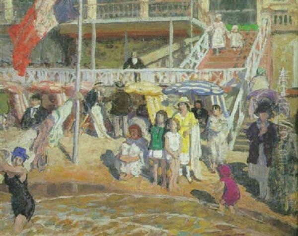 Baigneurs Devant Le Grand Hotel Oil Painting by Rene Francois Xavier Prinet