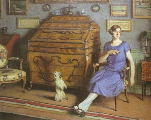 La Jeune Fille Au Chien (dans Le Salon De La Rue Du Broccador, Residence Des Prinet) Oil Painting by Rene Francois Xavier Prinet