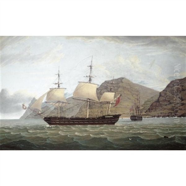 H.m. Frigate Phoenix Leaving St. Helena With Jamestown Off Her Stern Oil Painting by James Fulton Pringle